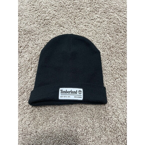 Timberland Beanie Hat Mens Black On White Classic Slouch Patch Logo T101714C - Picture 1 of 3